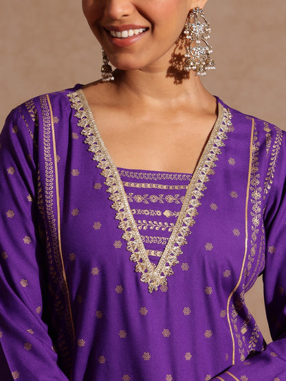Janasya Women's Purple Rayon Gold Printed Short Kurti With Sharara & Dupatta Set