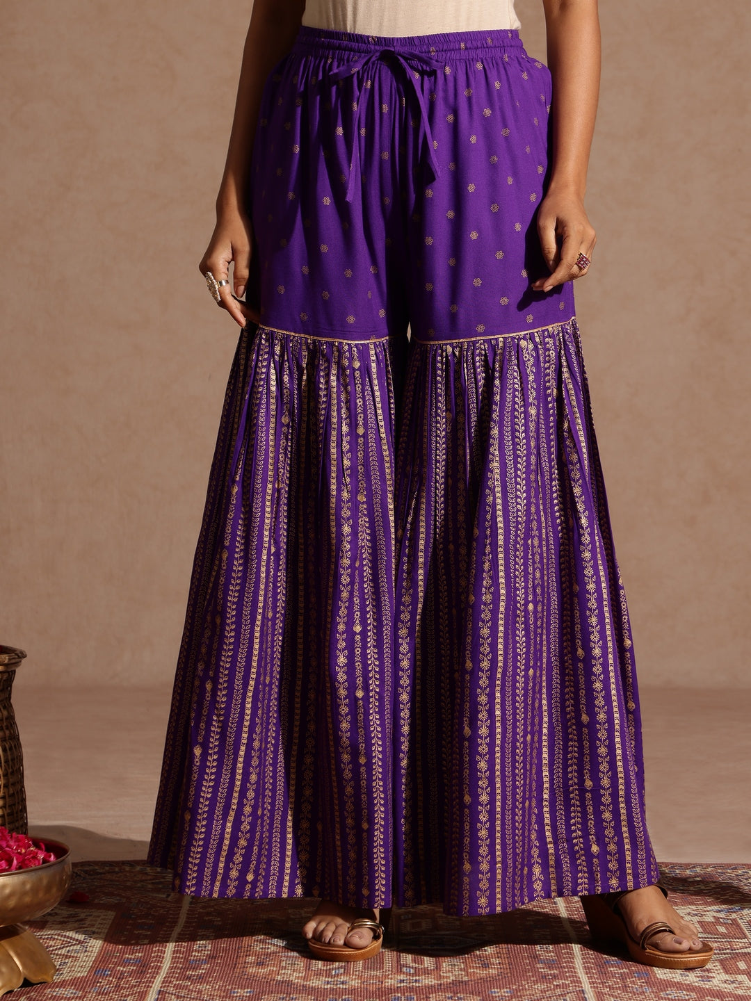 Janasya Women's Purple Rayon Gold Printed Short Kurti With Sharara & Dupatta Set