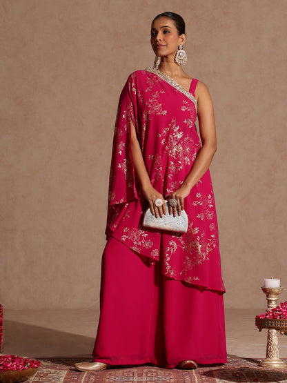 Janasya Women's Pink Embellished Gold Printed Crop Top With Palazzo & Tie-up Cape Set