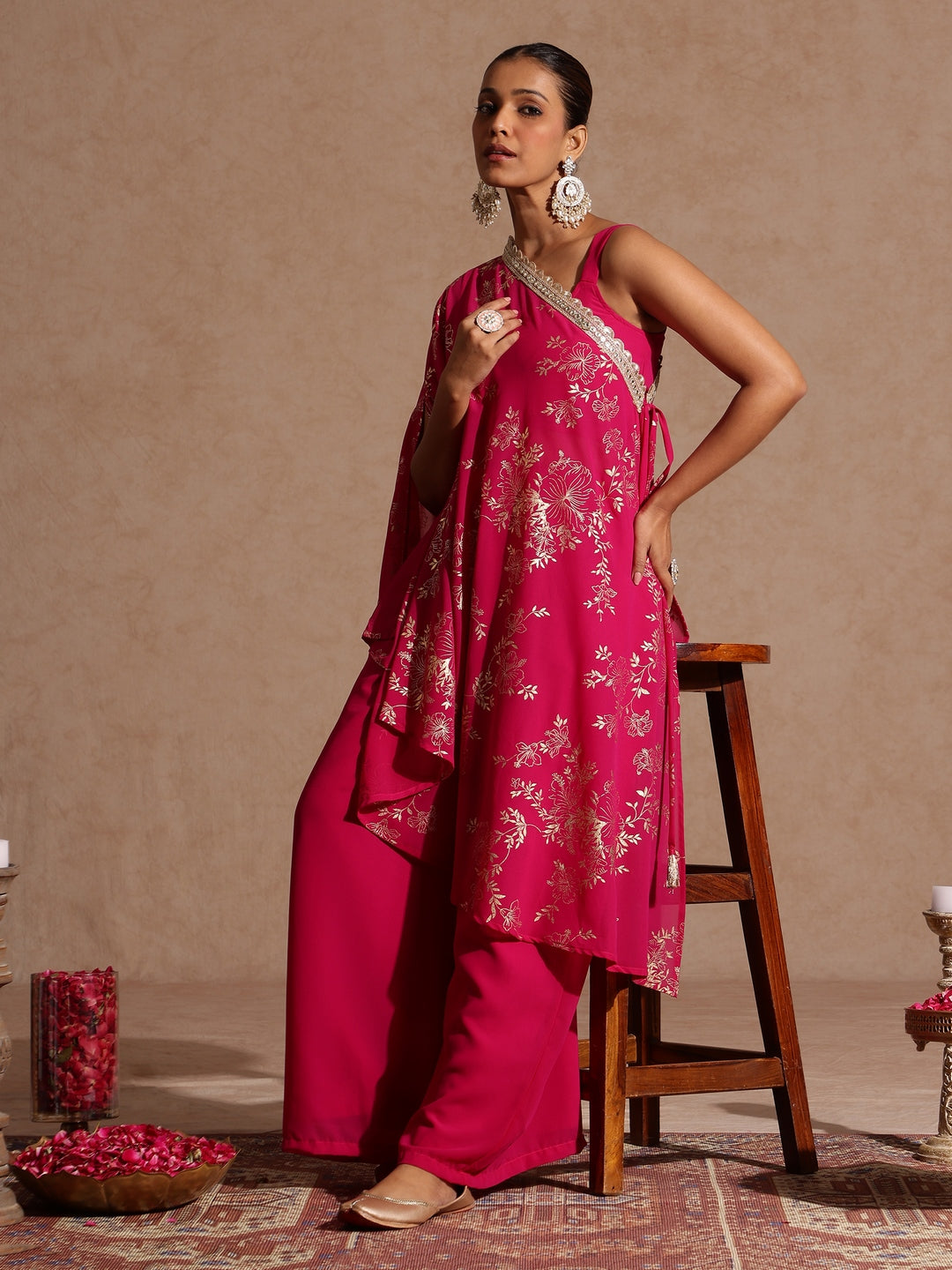 Janasya Women's Pink Embellished Gold Printed Crop Top With Palazzo & Tie-up Cape Set