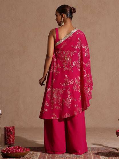 Janasya Women's Pink Embellished Gold Printed Crop Top With Palazzo & Tie-up Cape Set