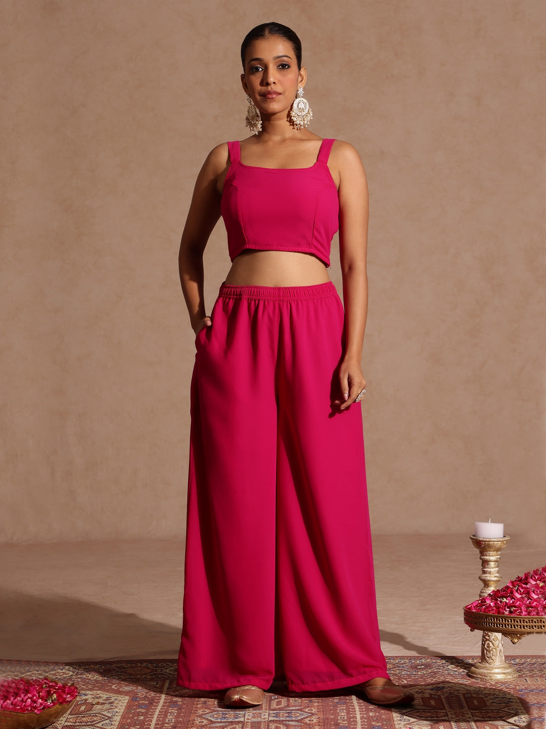 Janasya Women's Pink Embellished Gold Printed Crop Top With Palazzo & Tie-up Cape Set