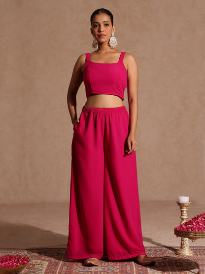 Janasya Women's Pink Embellished Gold Printed Crop Top With Palazzo & Tie-up Cape Set