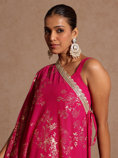 Janasya Women's Pink Embellished Gold Printed Crop Top With Palazzo & Tie-up Cape Set