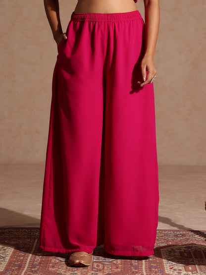 Janasya Women's Pink Embellished Gold Printed Crop Top With Palazzo & Tie-up Cape Set