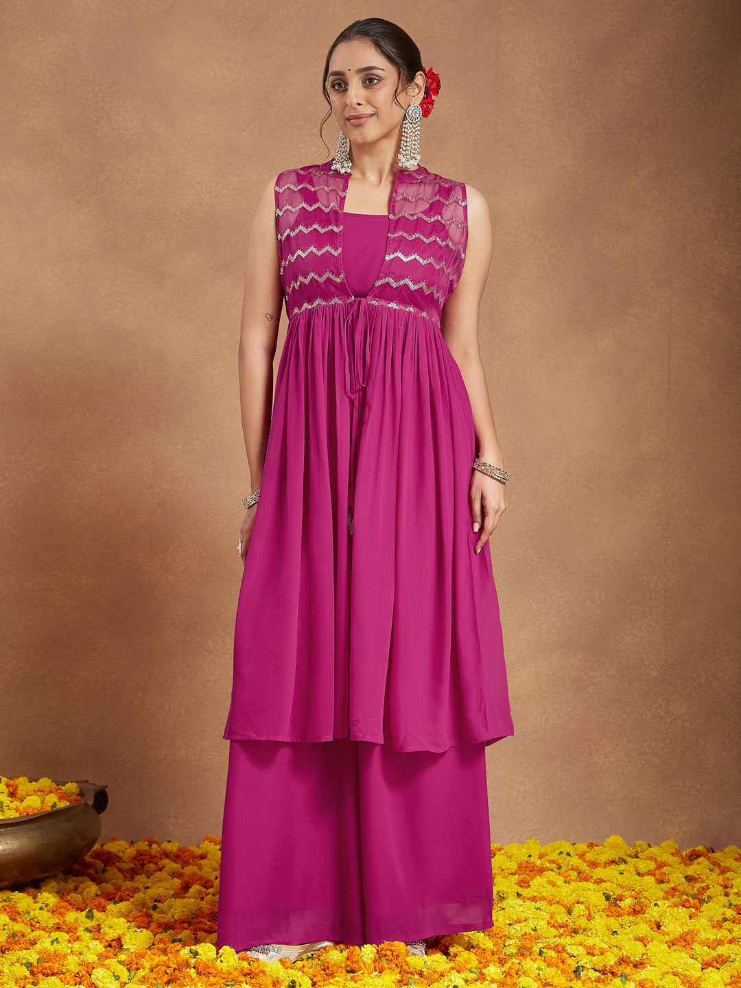 Janasya Women's Pink Georgette Sequined Front Slit Kurta With Crop Top Palazzo Set