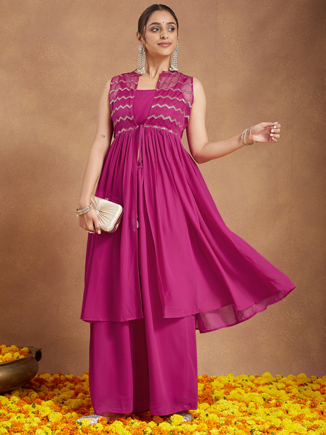 Janasya Women's Pink Georgette Sequined Front Slit Kurta With Crop Top Palazzo Set