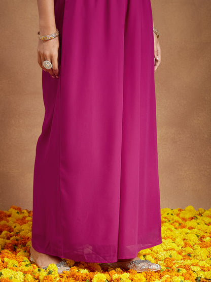 Janasya Women's Pink Georgette Sequined Front Slit Kurta With Crop Top Palazzo Set