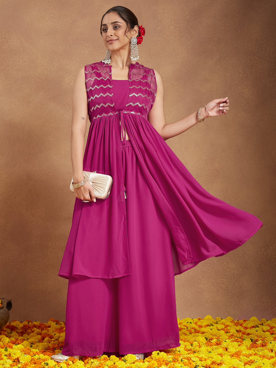 Janasya Women's Pink Georgette Sequined Front Slit Kurta With Crop Top Palazzo Set