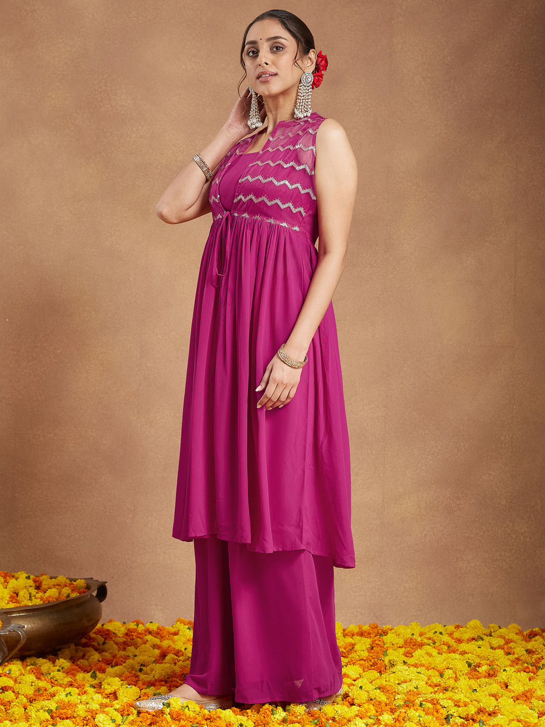 Janasya Women Pink Georgette Sequinned Front-slit Kurta With Crop Top & Palazzo Set
