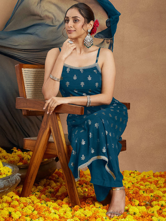 Janasya Women's Teal Blue Rayon Embellished Gold Printed Straight Kurta Set