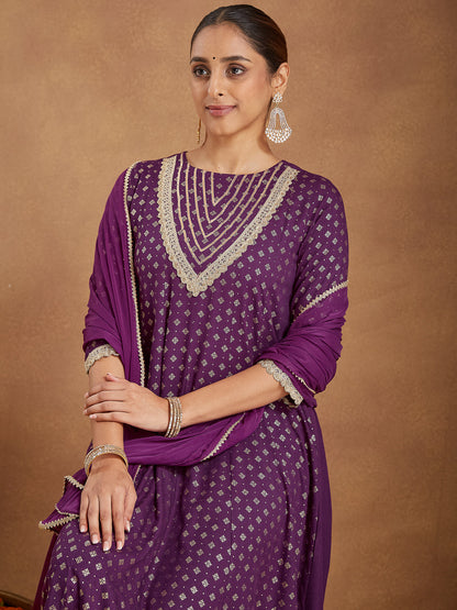 Janasya Women's Purple Rayon Embellished Gold Printed Anarkali Kurta Set