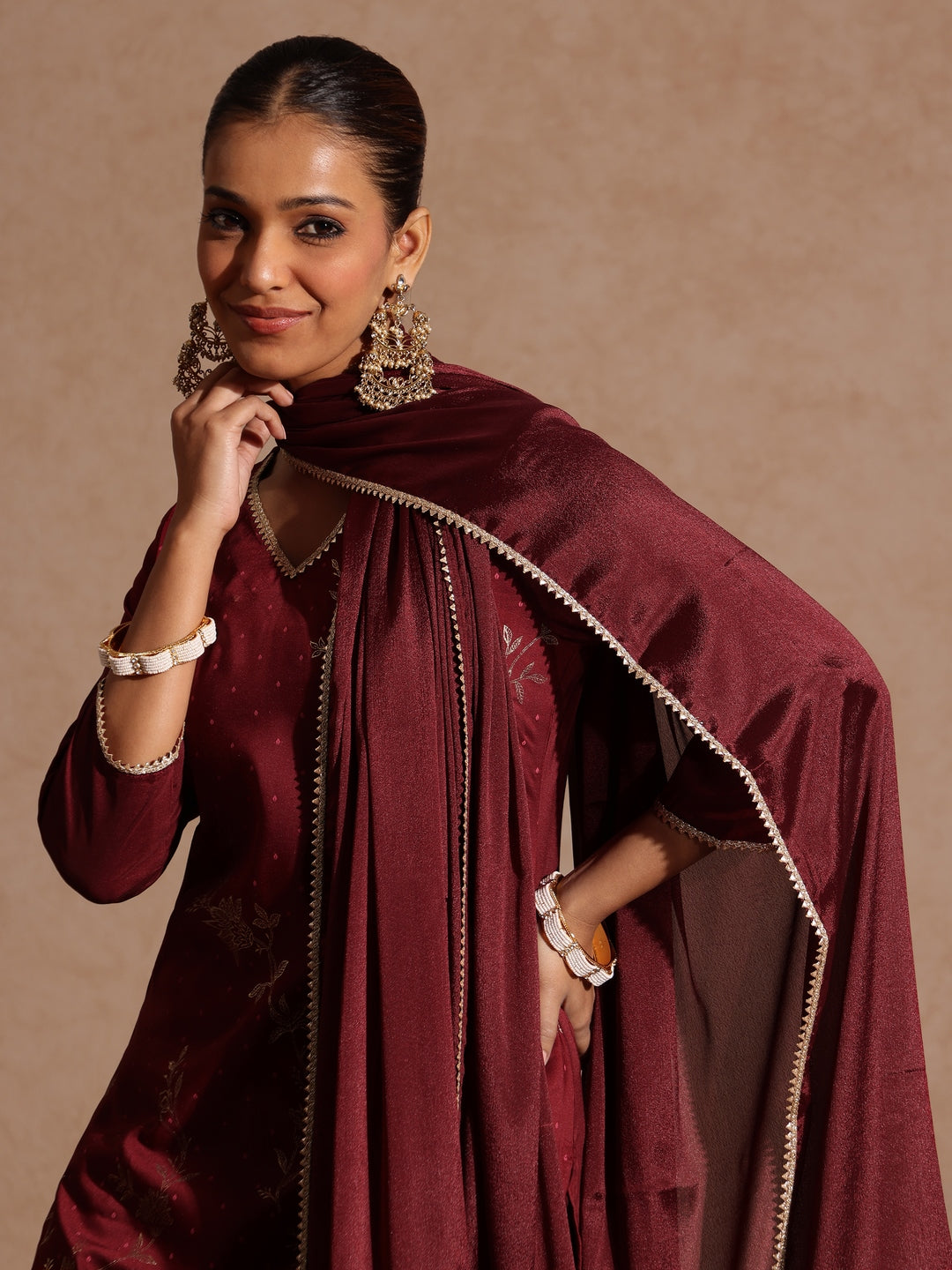 Janasya Women's Maroon Silk Blend Gold Printed Straight Kurta Set