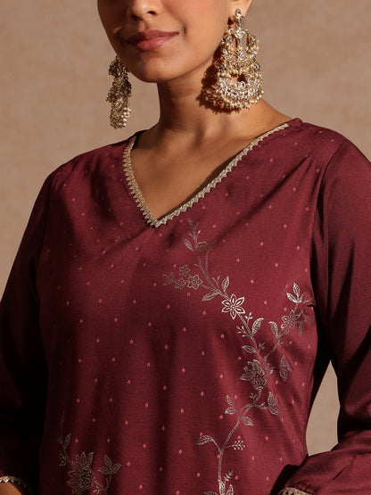 Janasya Women's Maroon Silk Blend Gold Printed Straight Kurta Set