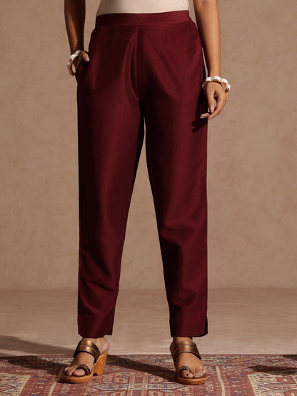 Janasya Women's Maroon Silk Blend Gold Printed Straight Kurta Set