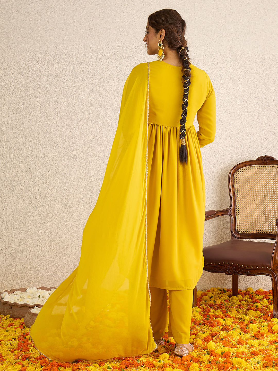 Janasya Women's Mustard Yellow Georgette Floral Zari Yoke Embroidered A-Line Kurta Set