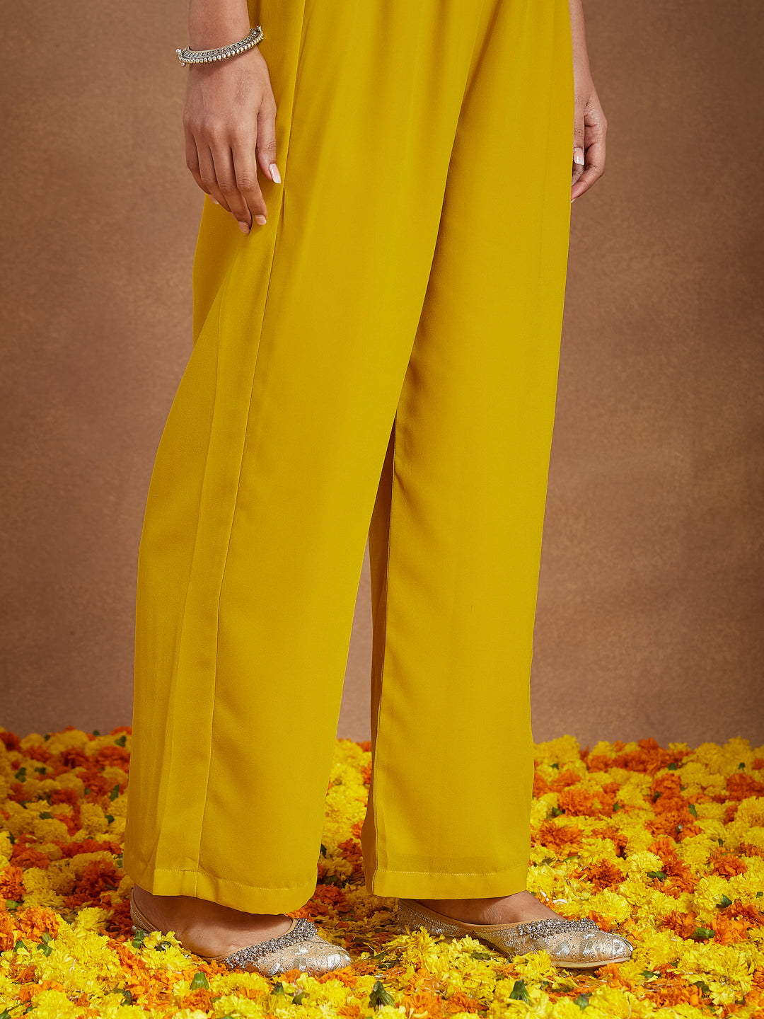 Janasya Women's Mustard Georgette Zari Yoke Embroidery A-line Kurta With Palazzo & Dupatta Set