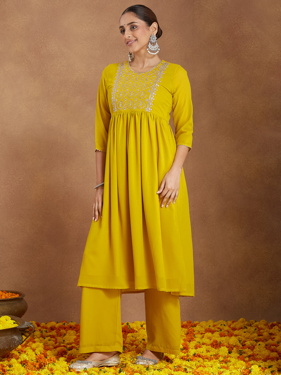 Janasya Women's Mustard Georgette Zari Yoke Embroidery A-line Kurta With Palazzo & Dupatta Set