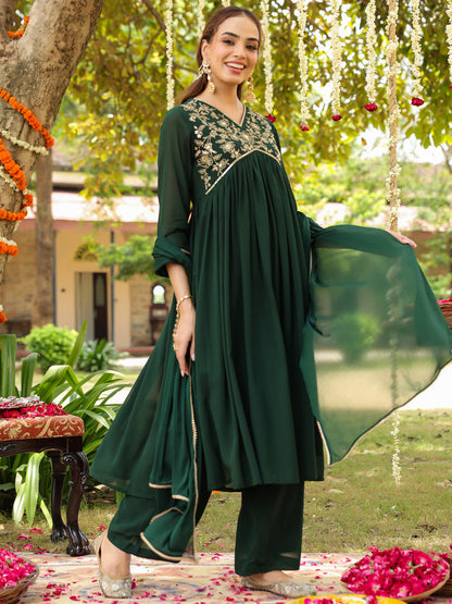 Janasya Women's Bottle Green Georgette Zari Yoke Embroidered A-line Kurta Set