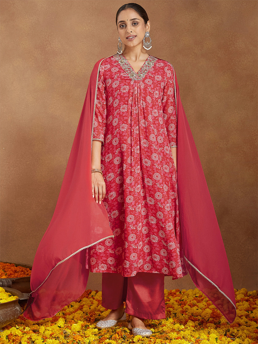 Janasya Women's Red Georgette Embellished Floral Printed A-line Kurta Set