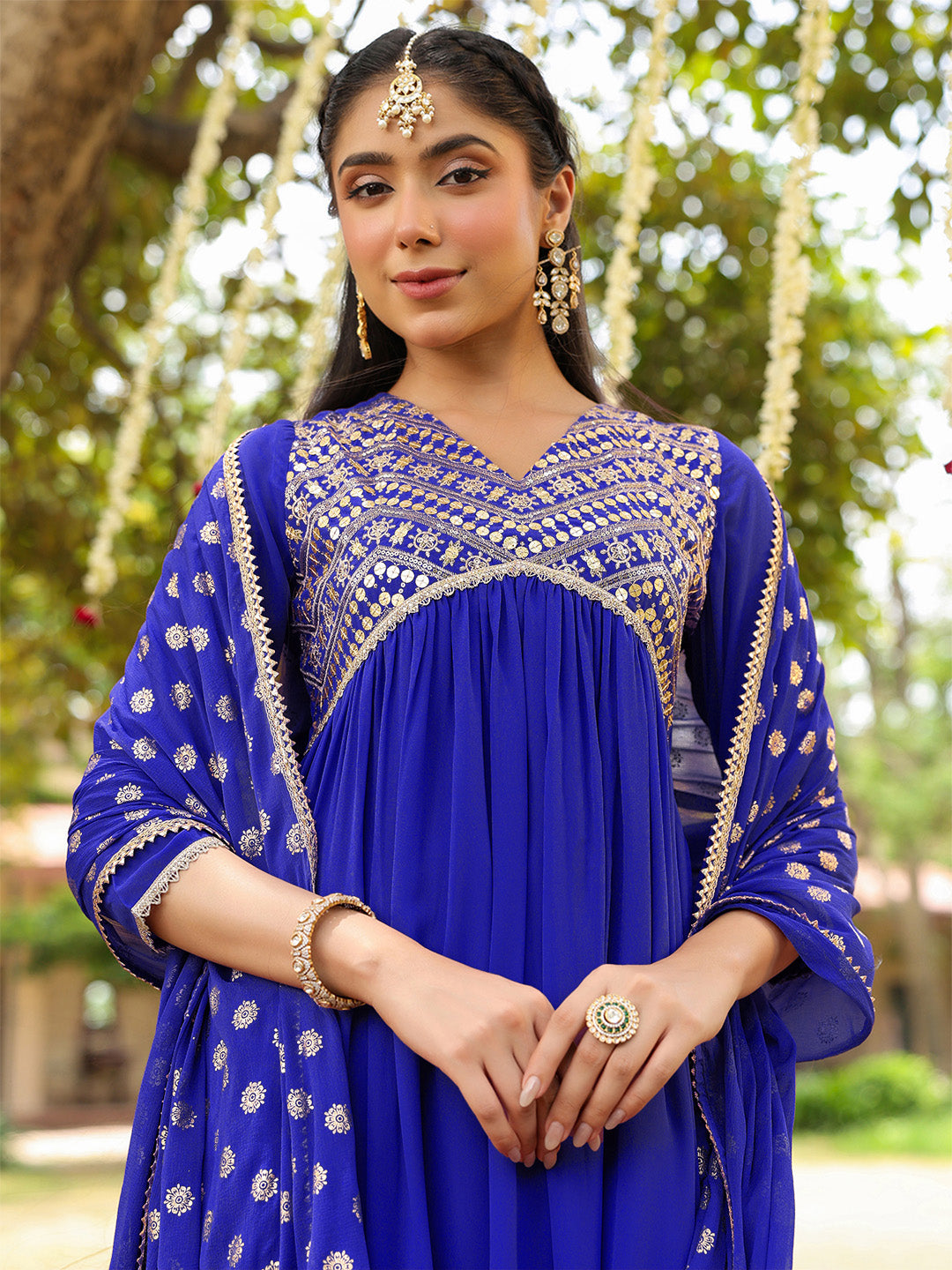 Janasya Women's Royal Blue Georgette Embellished A-line Kurta With Palazzo Dupatta Set