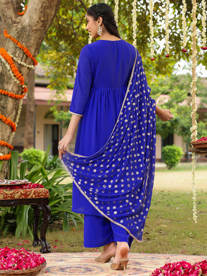 Janasya Women's Royal Blue Georgette Embellished A-line Kurta With Palazzo Dupatta Set