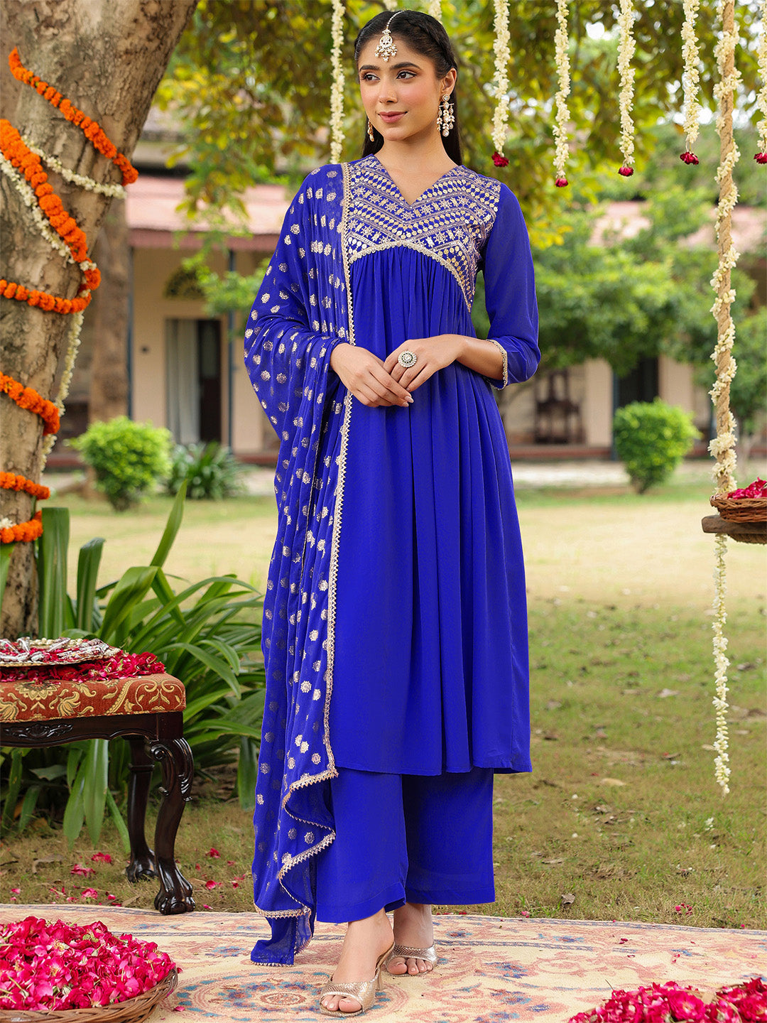 Janasya Women's Royal Blue Georgette Embellished A-line Kurta With Palazzo Dupatta Set