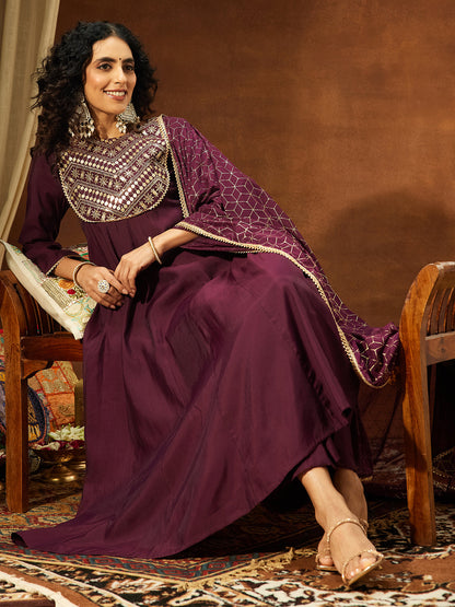 Janasya Women's Wine Chanderi Silk Embellished A-line Kurta Set