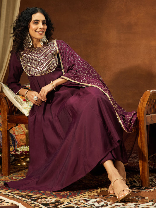 Janasya Women's Wine Chanderi Silk Embellished A-line Kurta Set