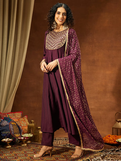 Janasya Women's Wine Chanderi Silk Embellished A-line Kurta Set
