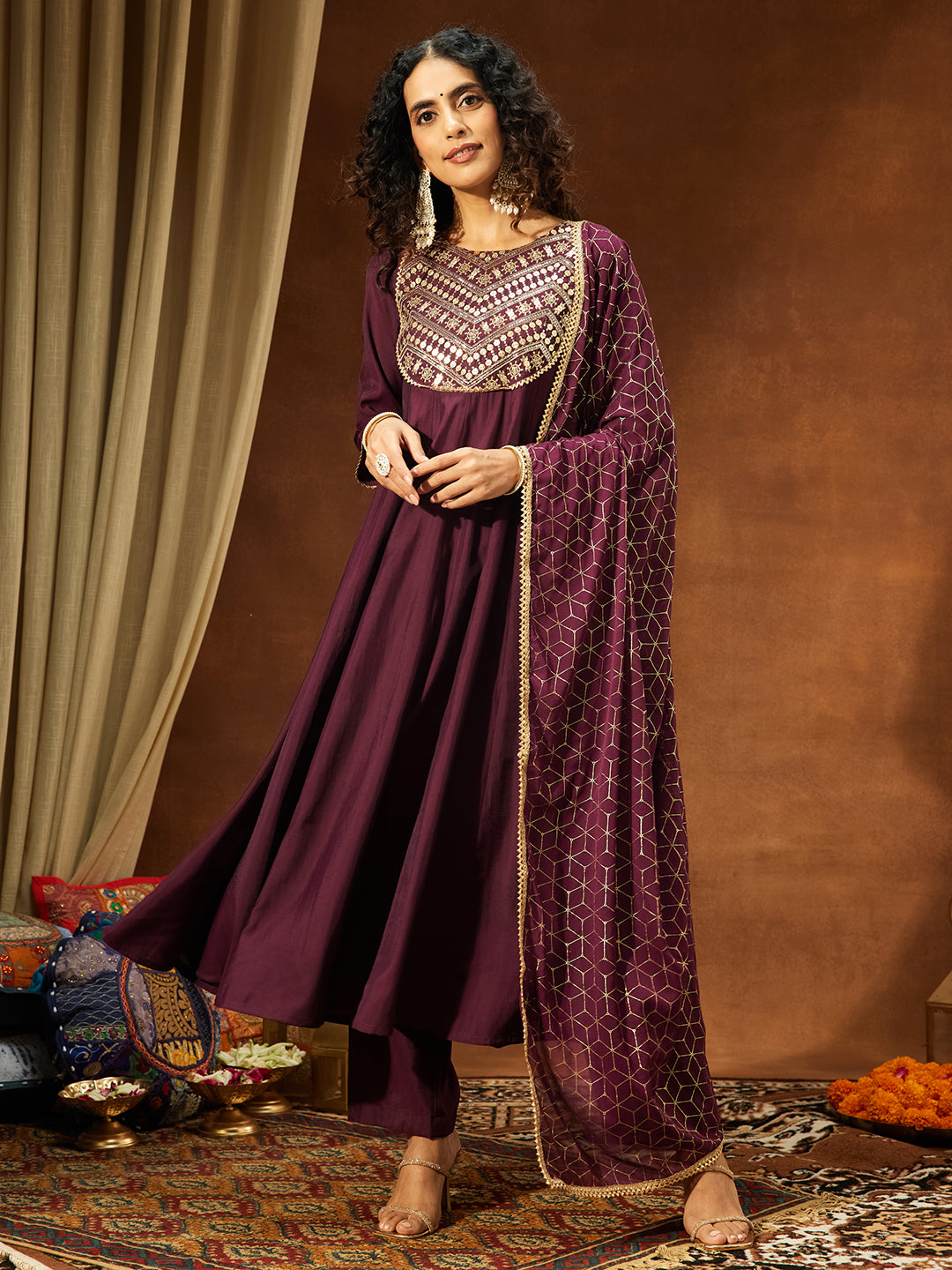 Janasya Women's Wine Chanderi Silk Embellished A-line Kurta Set
