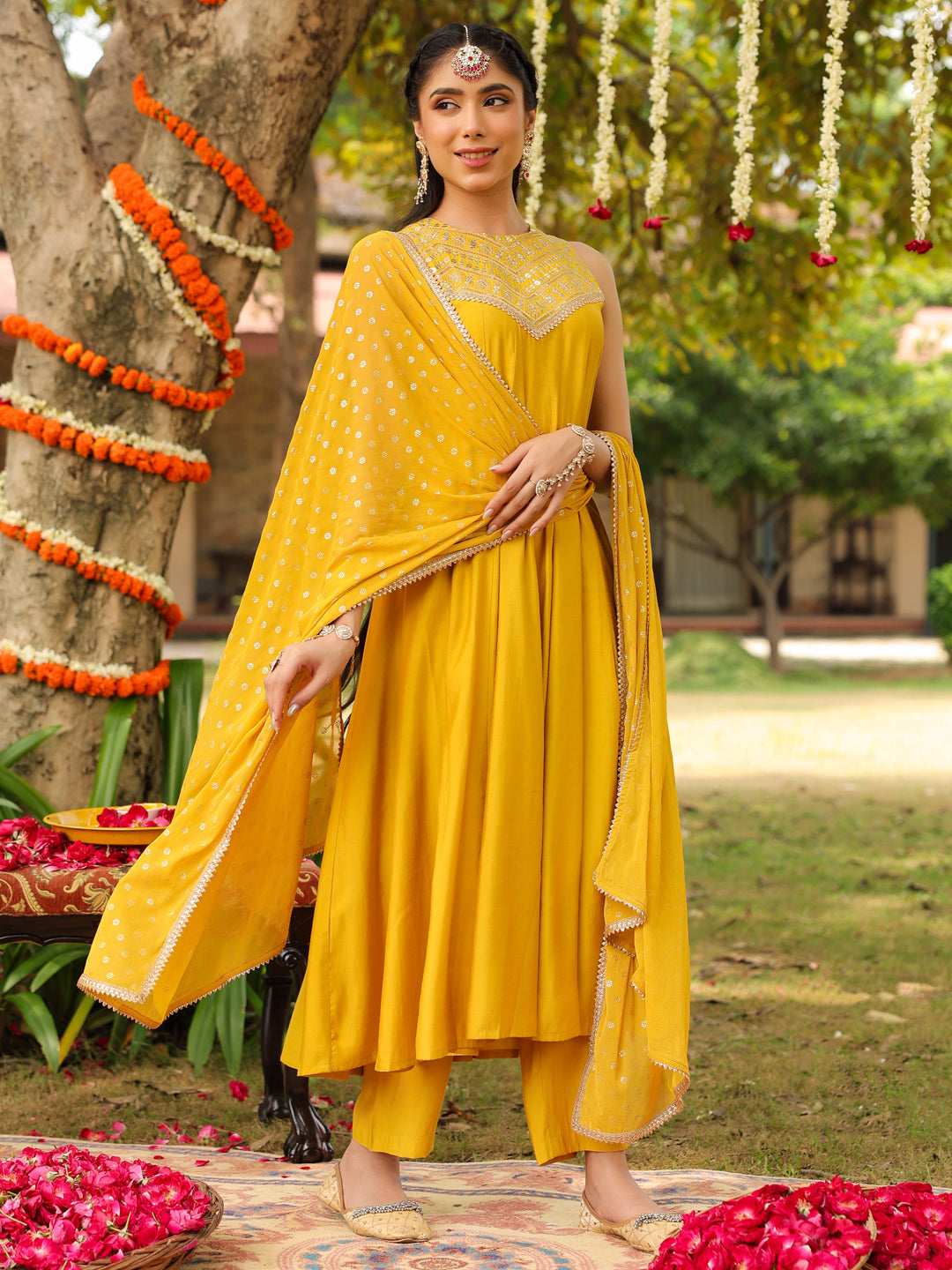 Janasya Women Yellow Chanderi Silk Embellished Anarkali Kurta Set With Dupatta