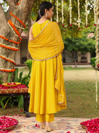 Janasya Women Yellow Chanderi Silk Embellished Anarkali Kurta Set With Dupatta