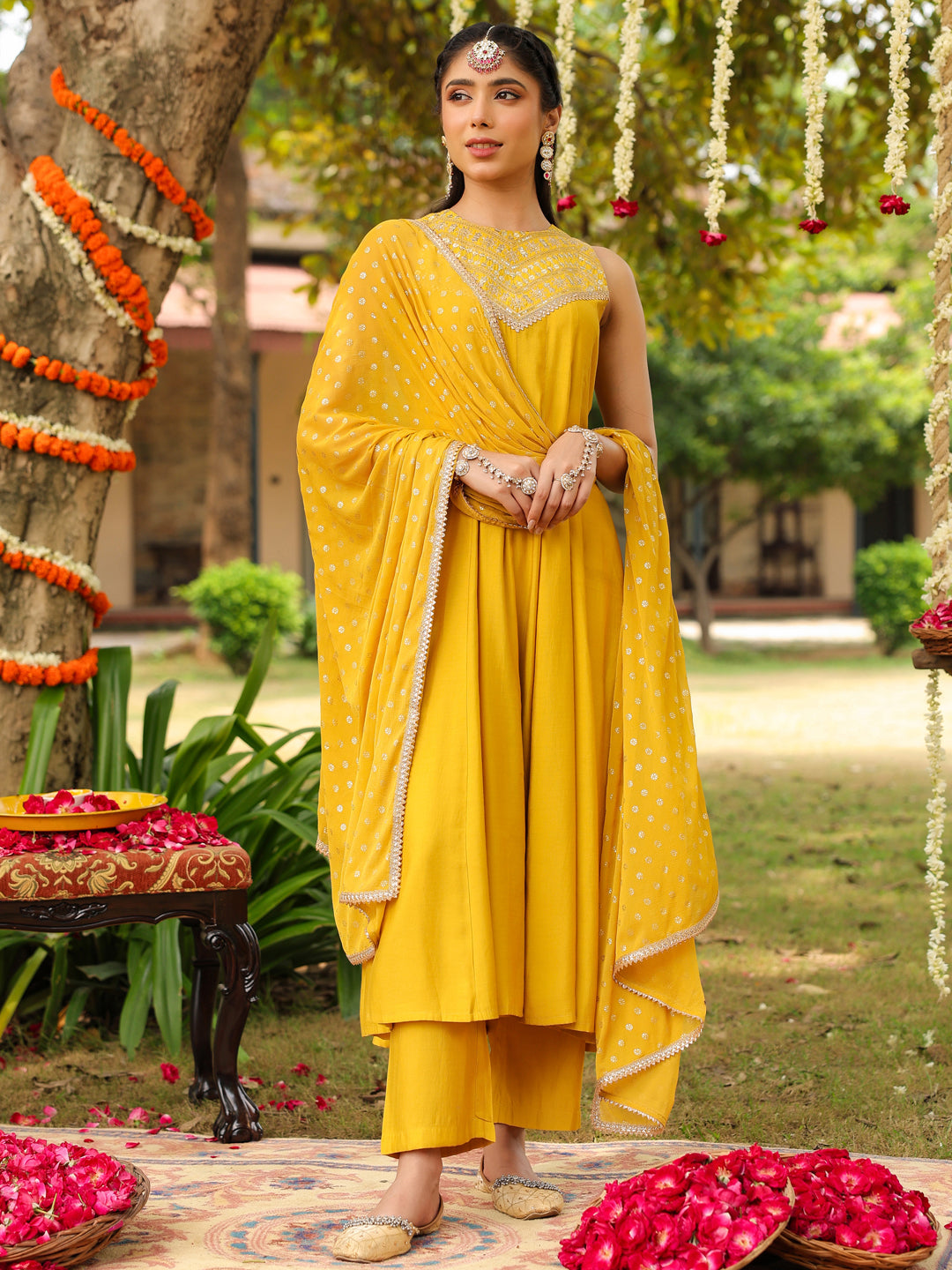 Janasya Women Yellow Chanderi Silk Embellished Anarkali Kurta Set With Dupatta