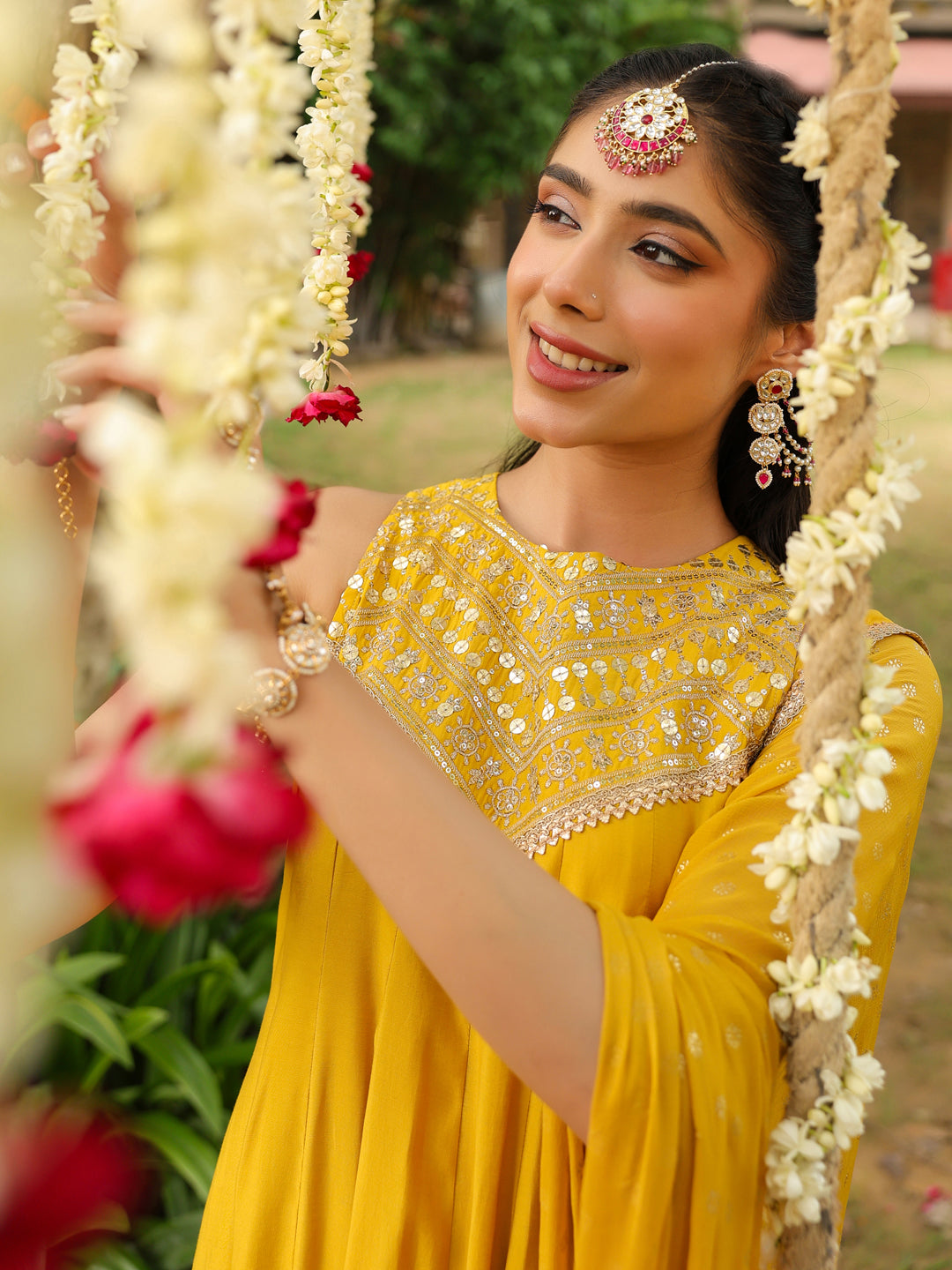 Janasya Women Yellow Chanderi Silk Embellished Anarkali Kurta Set With Dupatta