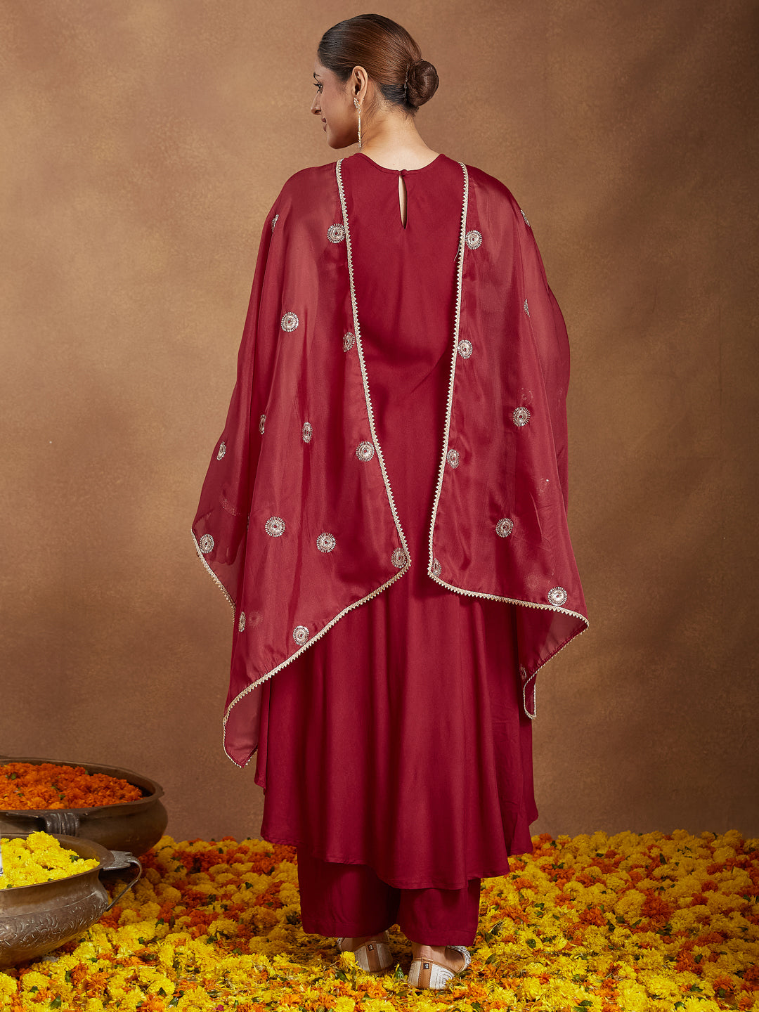 Janasya Women's Maroon Rayon Embellished A-line Flared Kurta Set