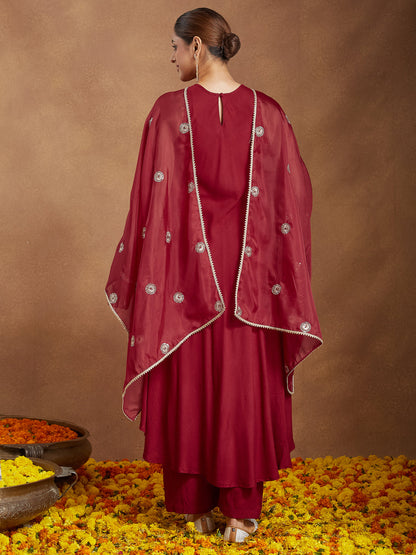 Janasya Women's Maroon Rayon Embellished A-line Flared Kurta Set