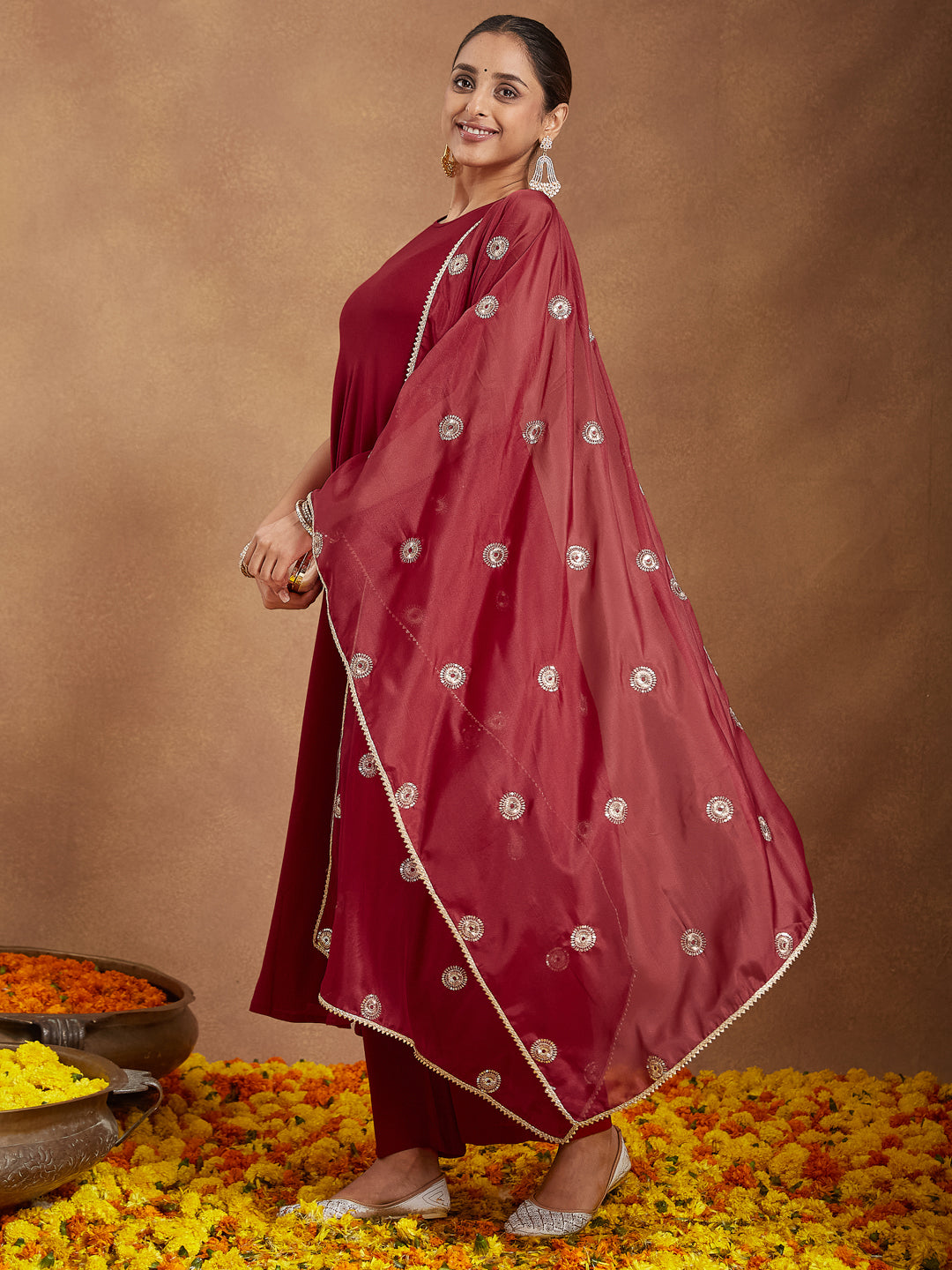 Janasya Women's Maroon Rayon Embellished A-line Flared Kurta Set