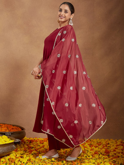 Janasya Women's Maroon Rayon Embellished A-line Flared Kurta Set