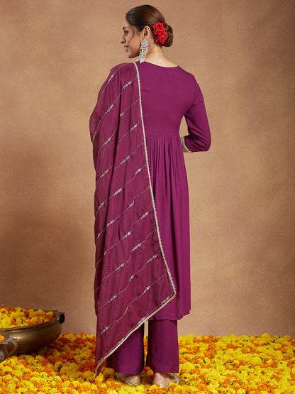 Janasya Women's Purple Rayon Embellished A-line Kurta Set