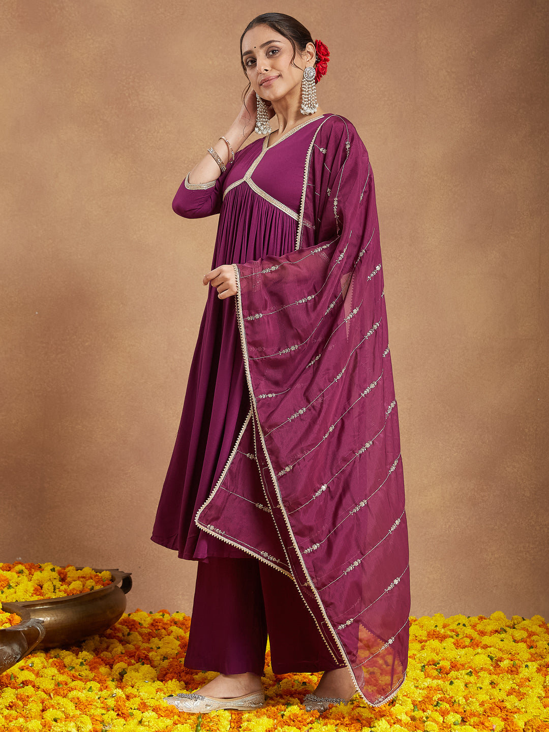 Janasya Women's Purple Rayon Embellished A-line Kurta Set