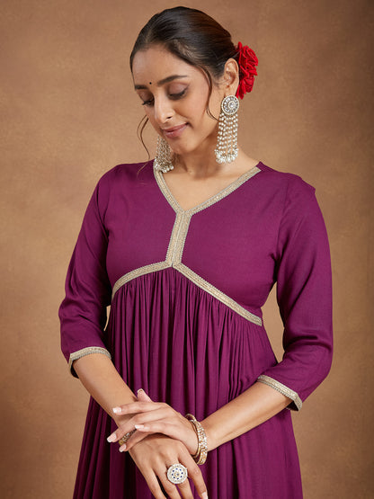 Janasya Women's Purple Rayon Embellished A-line Kurta Set
