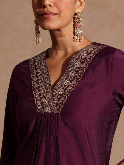Janasya Women's Wine Chanderi Silk Embellished Straight Kurta Set
