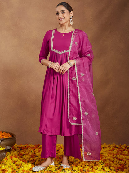 Janasya Women's Pink Rayon Yoke Design A-line Kurta With Palazzo & Dupatta Set