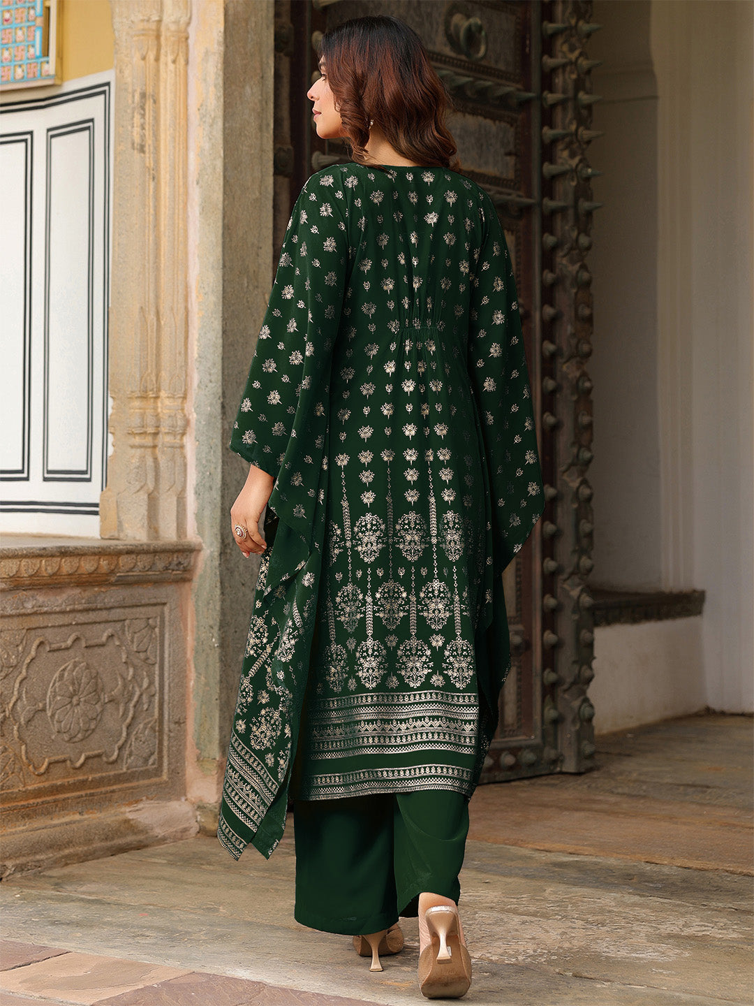 Janasya Women's Bottle Green Georgette Foil Printed Kaftan Kurta With Palazzo Set