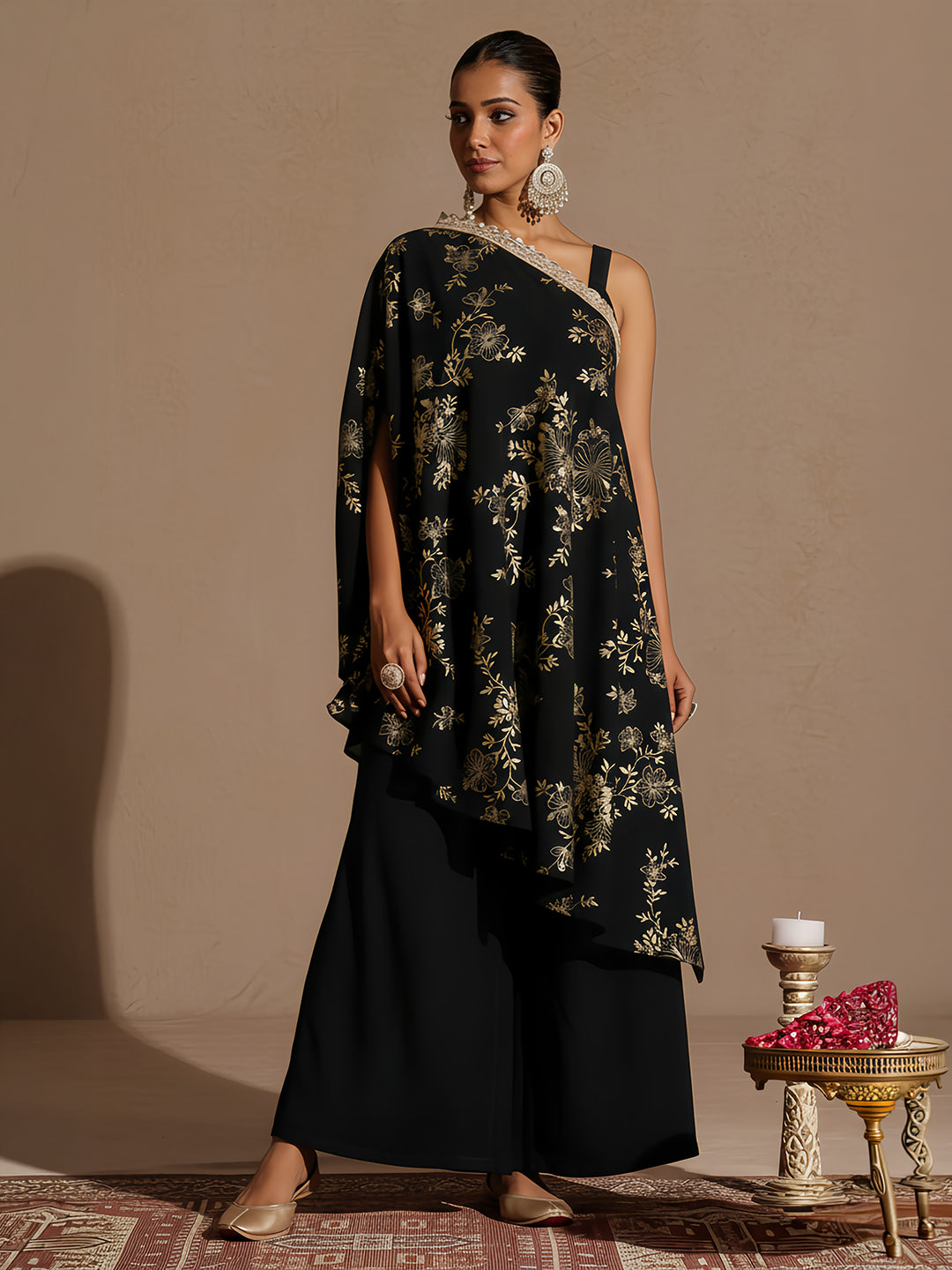 Janasya Women's Black Embellished Foil Printed Top With Pant And Cape Set