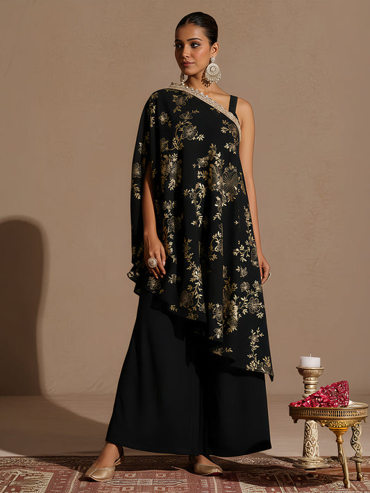 Janasya Women's Black Embellished Foil Printed Top With Pant And Cape Set