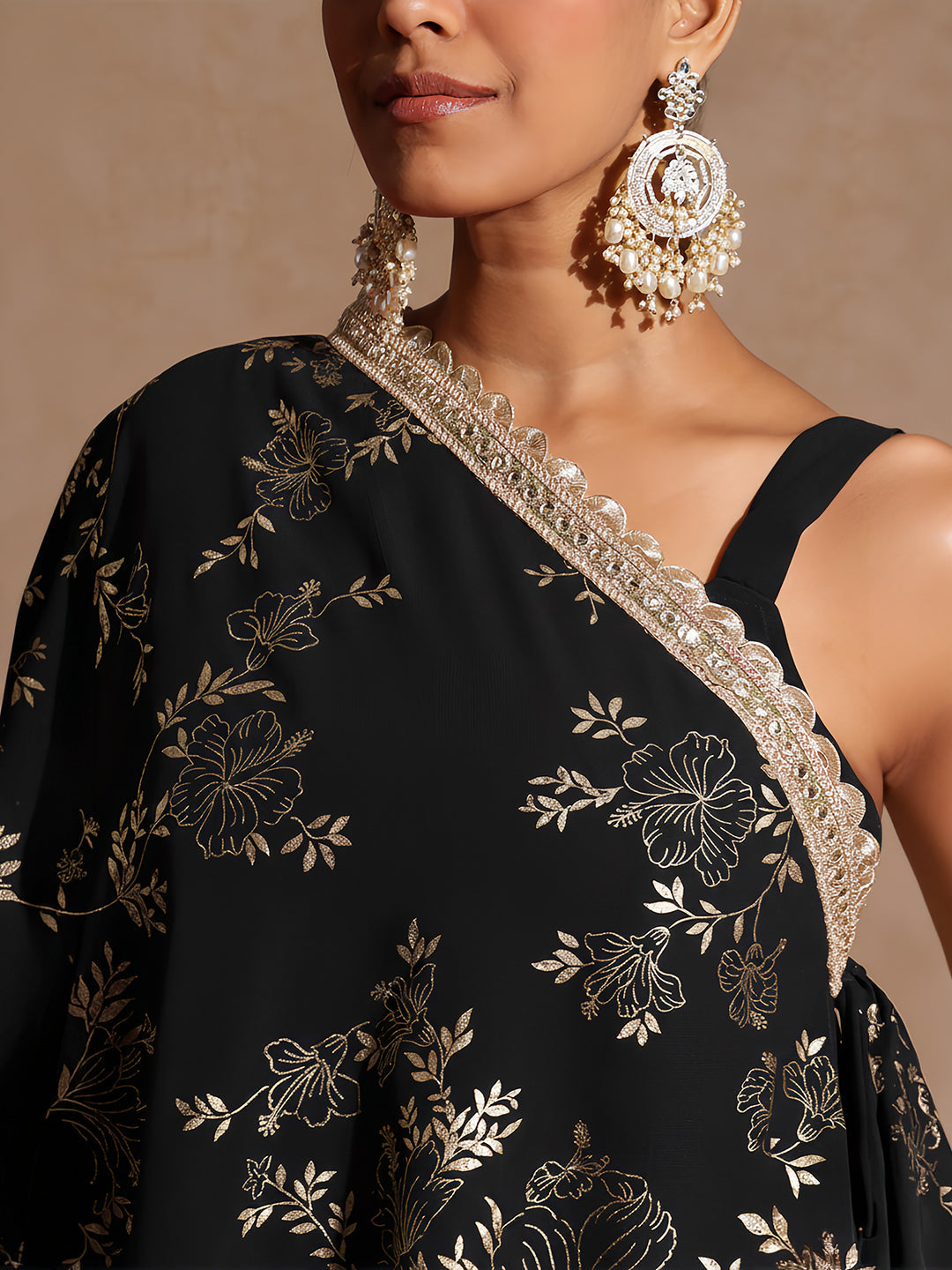 Janasya Women's Black Embellished Foil Printed Top With Pant And Cape Set