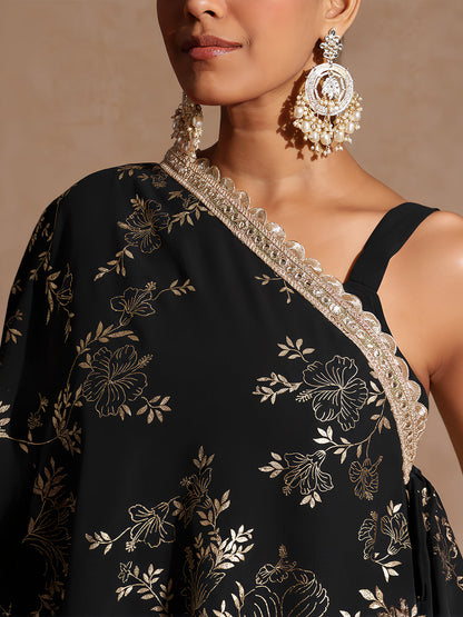 Janasya Women's Black Embellished Foil Printed Top With Pant And Cape Set