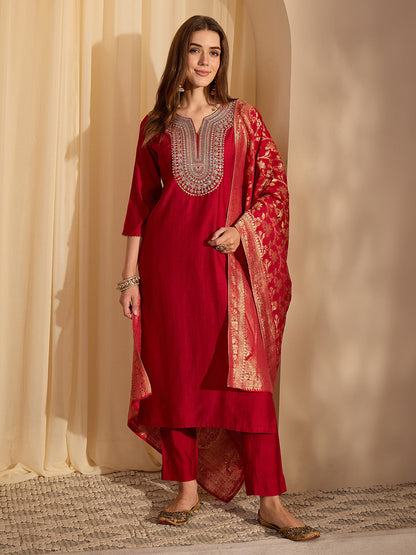 Janasya Women's Maroon Silk Blend Zari Yoke Embroidered Straight Kurta Set with Jacquard Dupatta